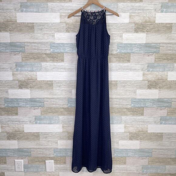 Daniel Rainn Swiss Dot Lace Embroidered Halter Maxi Dress Blue Womens Small - Picture 4 of 8